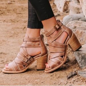 freebird Taupe Strappy Block Heel Sandals